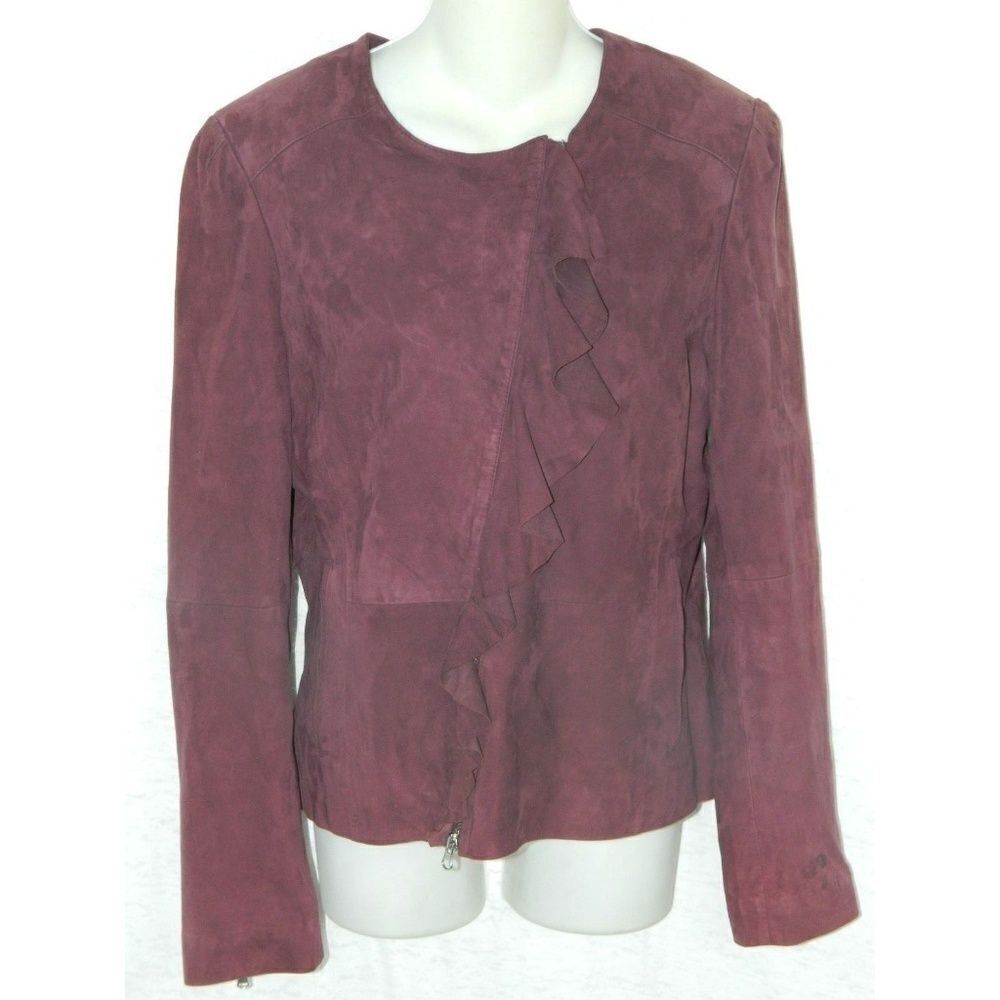 Saks Fifth Avenue Jacket Size 8 Burgundy Suede Moto Ruffle‎